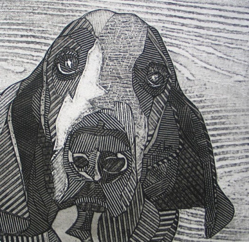 Basset Hound Art, Original Black and White Collograph, Print Chester 5 image 2