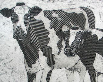 Cow Art - Black and White, Hand Pulled Collagraph, Original Fine Art Print - Holsteins Taking A Break 2