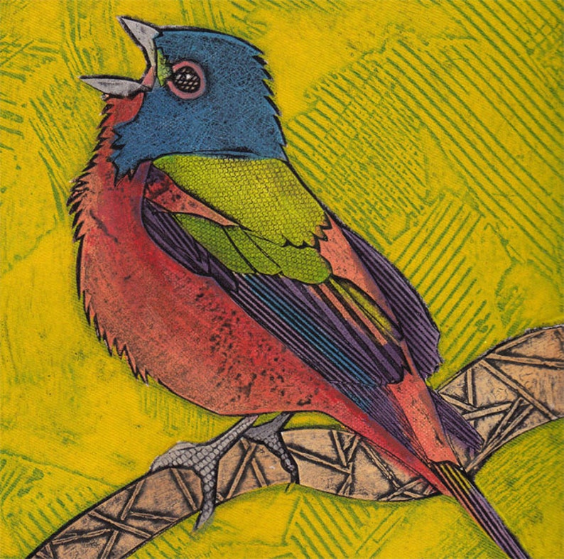 Painted Bunting Art, Original Bird Art, Collagraph, Bird Print Painted Bunting 9 image 2