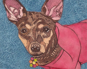 Chihuahua Art Print, Dog Portrait, Dog Decor, Collograph - Pretty in Pink 6