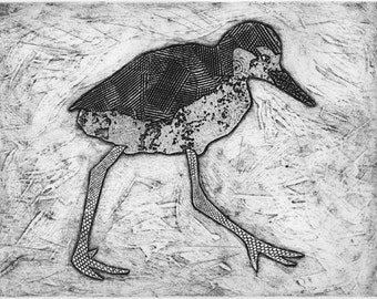 Stilt Fledgling - Original Hand Pulled Black and White Collograph Print - Stepping Out 1