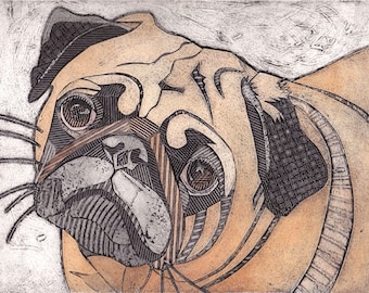 Pug Art Print, Original Fine Art, Collograph, short snouted dog - Pug 11