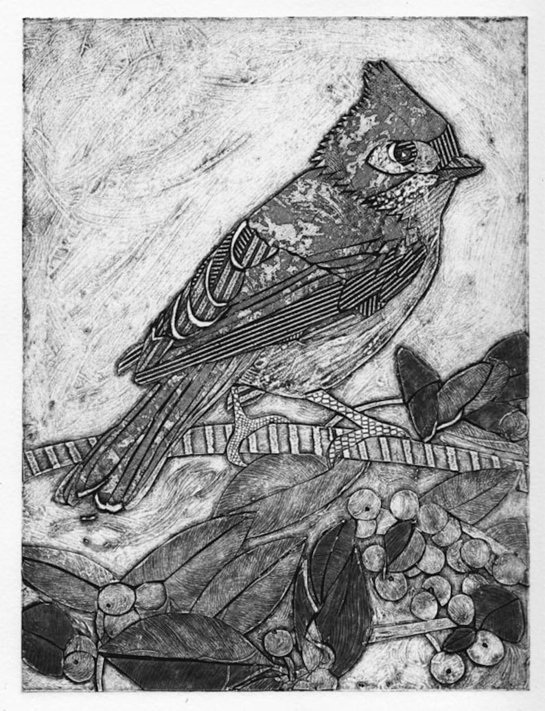Collograph orange red berries Print branch Tufted Titmouse 6 Original Art green Little Gray Bird sky blue