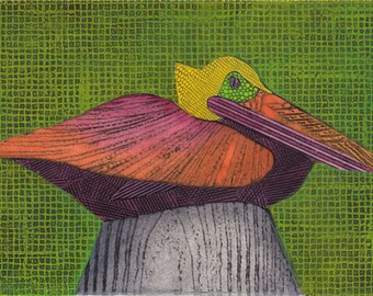 Resting Pelican 11 - Pelican Art Print, Nature Sea Bird, Collograph, Water Bird, green, wall decor