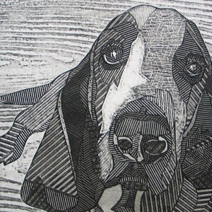 Basset Hound Art, Original Black and White Collograph, Print Chester 5 image 3