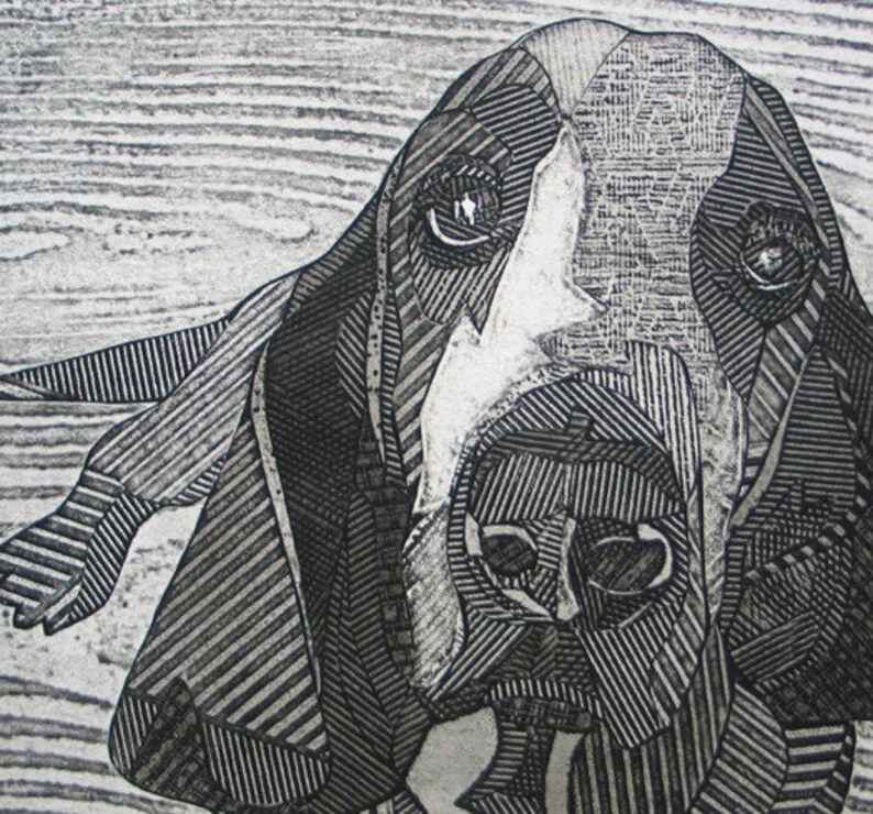 Basset Hound Art, Original Black and White Collograph, Print Chester 5 image 3