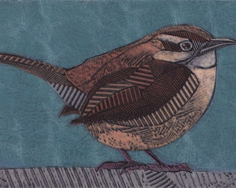 Carolina Wren Art Print, Original Collograph of Small Chunky Bird, Carolina Wren