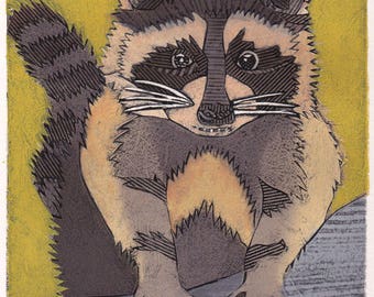 Nocturnal Visitor 4 - Original Collograph Print of Raccoon, Art