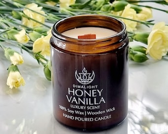 Honey Vanilla Scented Soy Wax Candle, Wooden Wick Candle, Home Fragrance