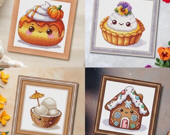 Kawaii Seasonal Desserts Cross Stitch Patterns: Doughnut, Gingerbread, Tart, Coconut (PDF, XSD)