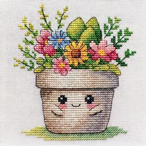 ハッピーフラワーポットのクロスステッチパターン、ガーデンデザイン（PDF、XSD）