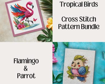 Tropical Birds Cross Stitch Bundle, Flamingo & Parrot (PDF, XSD)