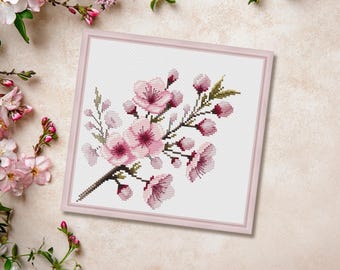 Spring Cherry Blossom Cross Stitch Pattern, Sakura Branch in Bloom (PDF, XSD)