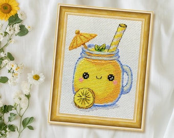 Kawaii Lemonade Cross Stitch Pattern, Summer Drink (PDF, XSD)