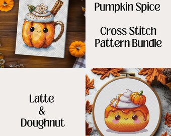 Pumpkin Spice Kawaii Cross Stitch Pattern Bundle – Latte & Doughnut (PDF, XSD)
