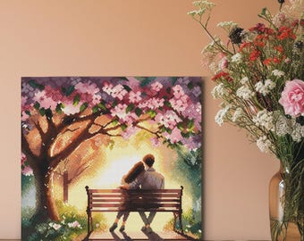 Sunset Romance Cross Stitch Pattern: Couple Under Cherry Tree (PDF/XSD)