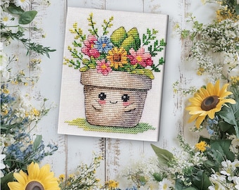 Happy Flower Pot Cross Stitch Pattern, Garden Design (PDF, XSD)