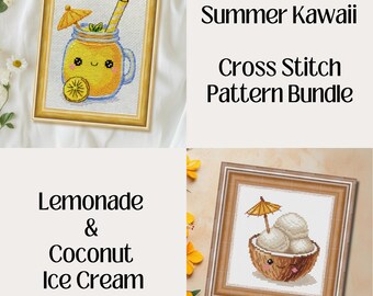 Summer Kawaii Cross Stitch Pattern Bundle – Lemonade & Coconut Ice Cream (PDF, XSD)