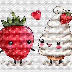 Strawberry and Cream Cross Stitch Pattern: Kawaii Dessert Couple (PDF & XSD)