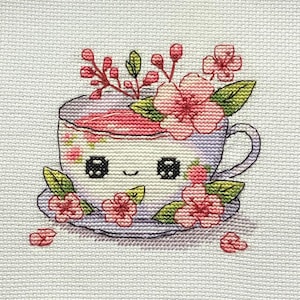 かわいい桜茶クロスステッチパターンpdf xsdインスタントダウンロードデジタルアイテム春のドリンクかわいいスタイルピンクの花桜
