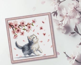Kitten and Cherry Blossoms Cross Stitch Pattern (PDF & XSD)