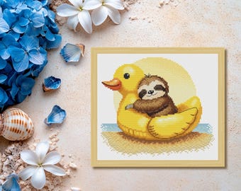 Sunny Sloth Cross Stitch Pattern, Sloth in Rubber Duck Float (PDF, XSD)