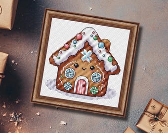 Kawaii Gingerbread House Cross Stitch Pattern, Christmas Design (PDF, XSD)