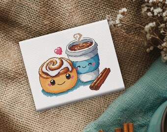 Kawaii Cinnamon Roll Cross Stitch Pattern, Coffee & Pastry Design (PDF, XSD)