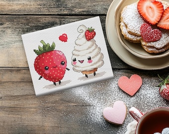 Strawberry and Cream Cross Stitch Pattern: Kawaii Dessert Couple (PDF & XSD)
