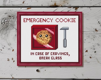 Kawaii Emergency Cookie Cross Stitch Pattern, Funny Break Glass for Cravings (PDF, XSD)