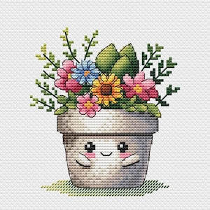 Happy Little Garden counted cross stitch pattern pdf xsd instant download digital item spring adorable cute pot with flowers little garden