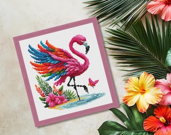 Colorful Flamingo Cross Stitch Pattern: Tropical Bird Embroidery (PDF & XSD)