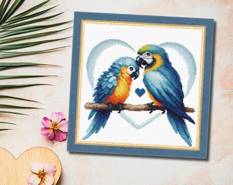 Parrot Pair Cross Stitch Pattern, Romantic Couple Watercolor Design (PDF, XSD)