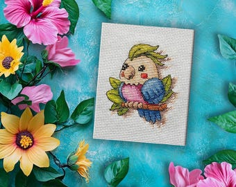 Cartoon Parrot Cross Stitch Pattern, Tropical Bird Design (PDF, XSD)