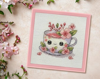 Cherry Blossom Tea Cross Stitch Pattern, Kawaii Spring Flowers (PDF, XSD)