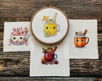 Seasonal Drinks Cross Stitch Pattern: Kawaii Tea, Lemonade, Wine, Latte (PDF, XSD)