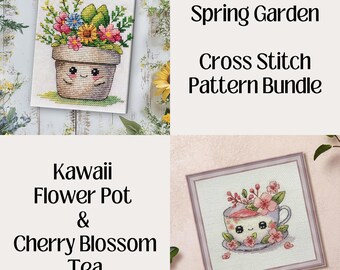 Spring Garden Cross Stitch Bundle, Kawaii Flower Pot & Cherry Blossom Tea (PDF, XSD)