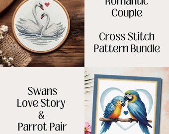 Romantic Couple Cross Stitch Bundle – Swans Love Story & Parrot Pair (PDF, XSD)