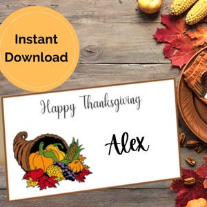 Biglietto di auguri per il Ringraziamento - Biglietti segnaposto piegati per il Ringraziamento - Biglietto segnaposto autunnale modificabile - Decorazione da tavolo Cornucopia - Biglietti con nome - Download immediato