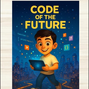 Puede incluir: Portada del libro "CODE OF THE FUTURE" de Mom Tasha. Ilustración de un niño sonriente con una tableta, con un paisaje urbano de fondo. Se ven símbolos de programación y fragmentos de código. El esquema de color es azul y amarillo.