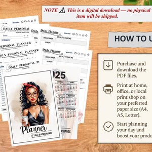 K&ouml;nnte beinhalten: Digitaler Planer mit einer Aquarellillustration einer Frau mit Brille und rotem Haarband. Der Planer enth&auml;lt t&auml;gliche, w&ouml;chentliche und monatliche Layouts. Auf dem Cover steht "Planner, It's all in your hands."