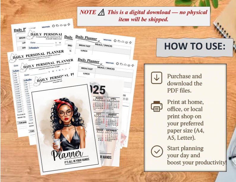 K&ouml;nnte beinhalten: Digitaler Planer mit einer Aquarellillustration einer Frau mit Brille und rotem Haarband. Der Planer enth&auml;lt t&auml;gliche, w&ouml;chentliche und monatliche Layouts. Auf dem Cover steht "Planner, It's all in your hands."