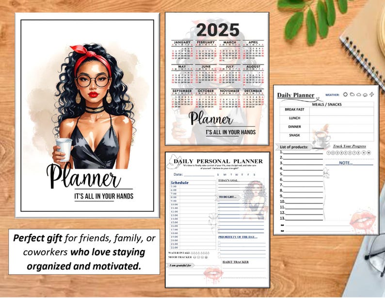 K&ouml;nnte beinhalten: Eine Sammlung von Planern und Kalendern. Das Hauptbild zeigt eine Aquarellillustration einer Frau mit Brille und rotem Haarband, die eine Kaffeetasse h&auml;lt. Der Text lautet "Planner, It's all in your hands." Zus&auml;tzliche Seiten umfassen einen Kalender f&uuml;r 2025 und t&auml;gliche Planerseiten.