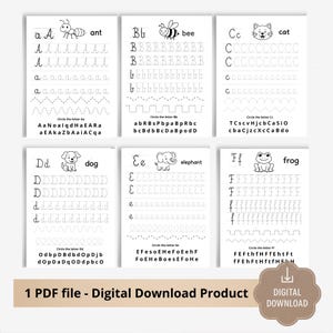 Può includere: Un prodotto digitale scaricabile con sei fogli di lavoro stampabili per imparare l'alfabeto. Ogni pagina presenta una lettera, un'immagine corrispondente ed esercizi di tracciamento. I fogli di lavoro includono le parole: formica, ape, gatto, cane, elefante e rana.