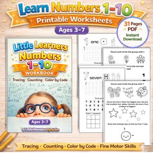 May include: A workbook titled "Little Learners Numbers 1-10" with tracing, counting, and color-by-code activities for ages 3-7. The cover features a child wearing glasses. Includes printable worksheets with number exercises.
