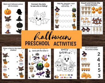 May include: A collection of Halloween-themed preschool activity sheets. The sheets include matching games, connect-the-dots, tracing, and counting exercises. The title "Halloween Preschool Activities" is displayed in orange. The images feature pumpkins, ghosts, bats, and witches.