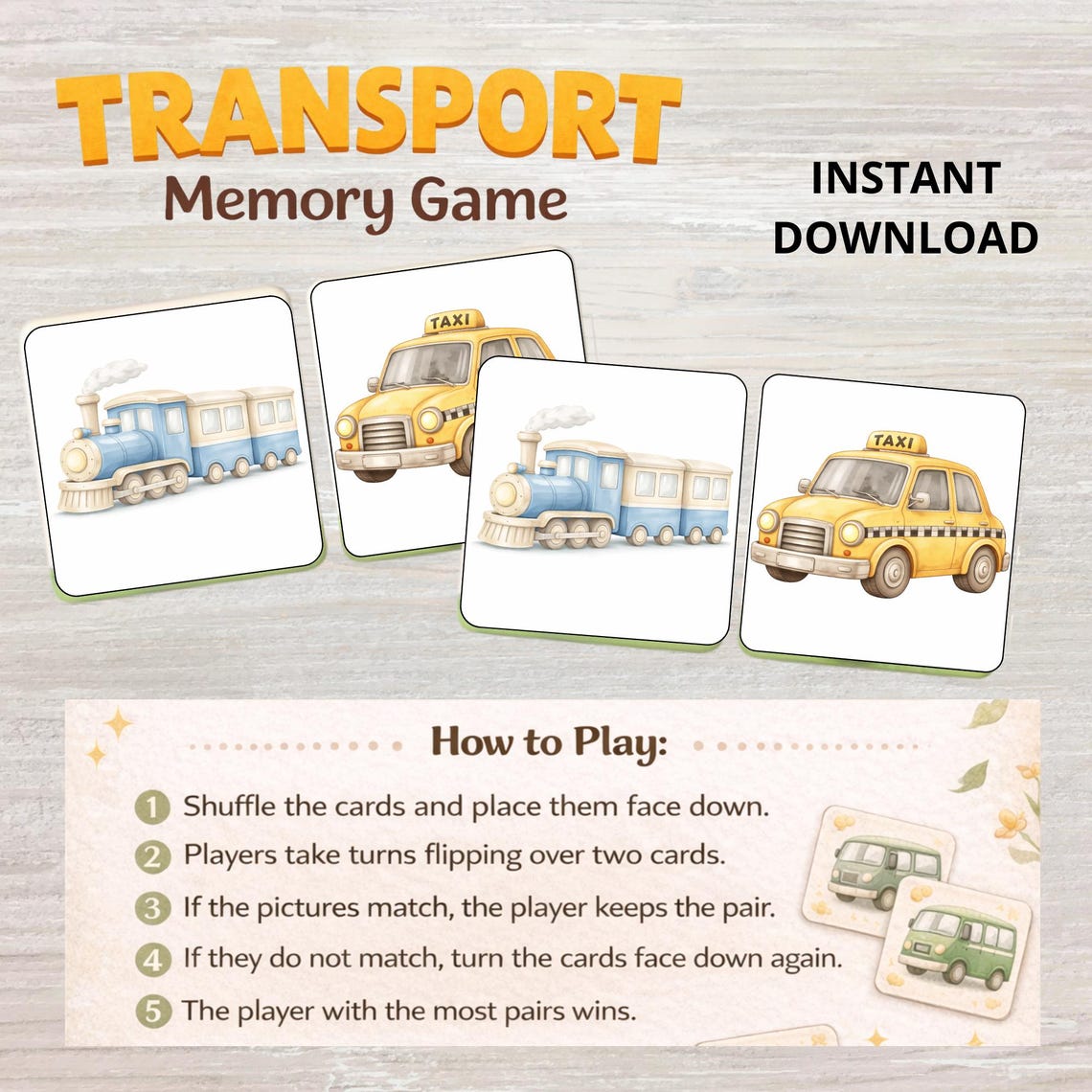 Transport Memory Game Printable | Vehicles Matching Game for Kids ...