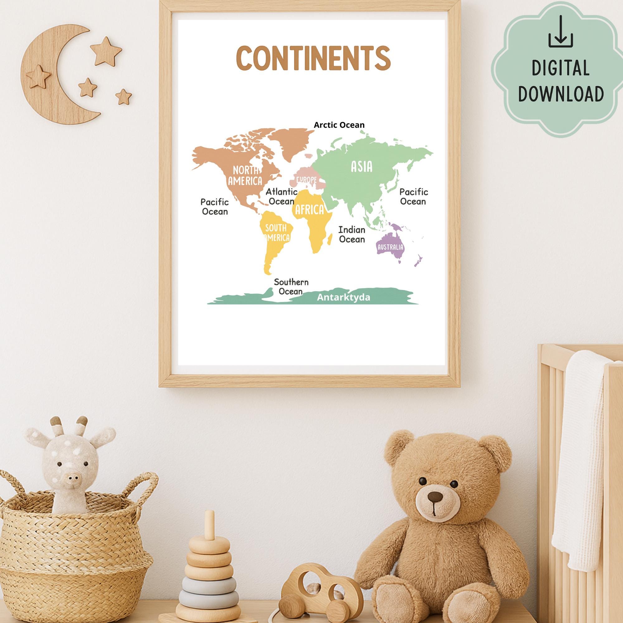Continents and Oceans Map Poster | Kids World Map Printable ...