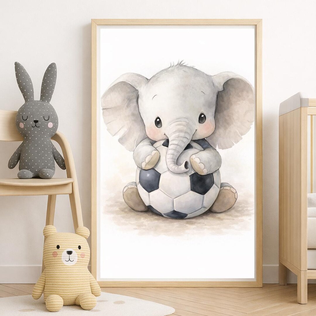 Elephant Nursery Wall Art | Cute Baby Elephant With Soccer Ball ...