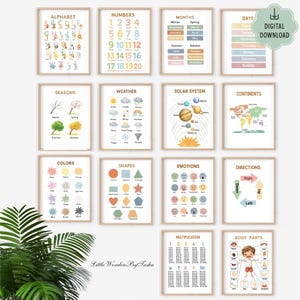 May include: A collection of educational posters in wooden frames. The posters cover topics like the alphabet, numbers, months, days, seasons, weather, solar system, continents, colors, shapes, emotions, directions, multiplication, and body parts. The text "Little Wonders By Tasha" is at the bottom.